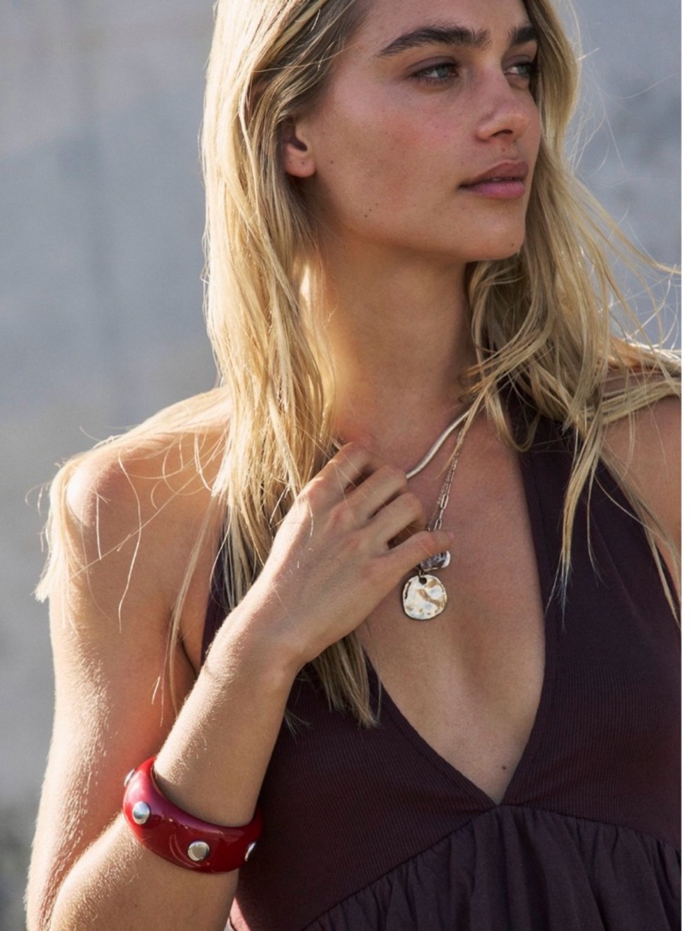 Free People September Fields Studded Bangle in Silver and Cranberry Red